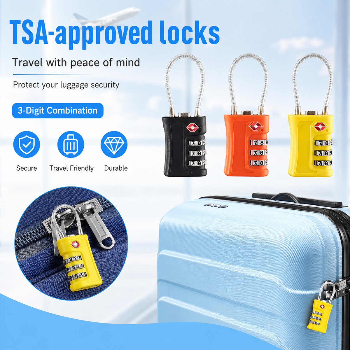 Home Improvement Hardware - TSA-zugelassenes Gepäckschloss, 3-stelliges Kombinations-Kabelschloss für Koffer,